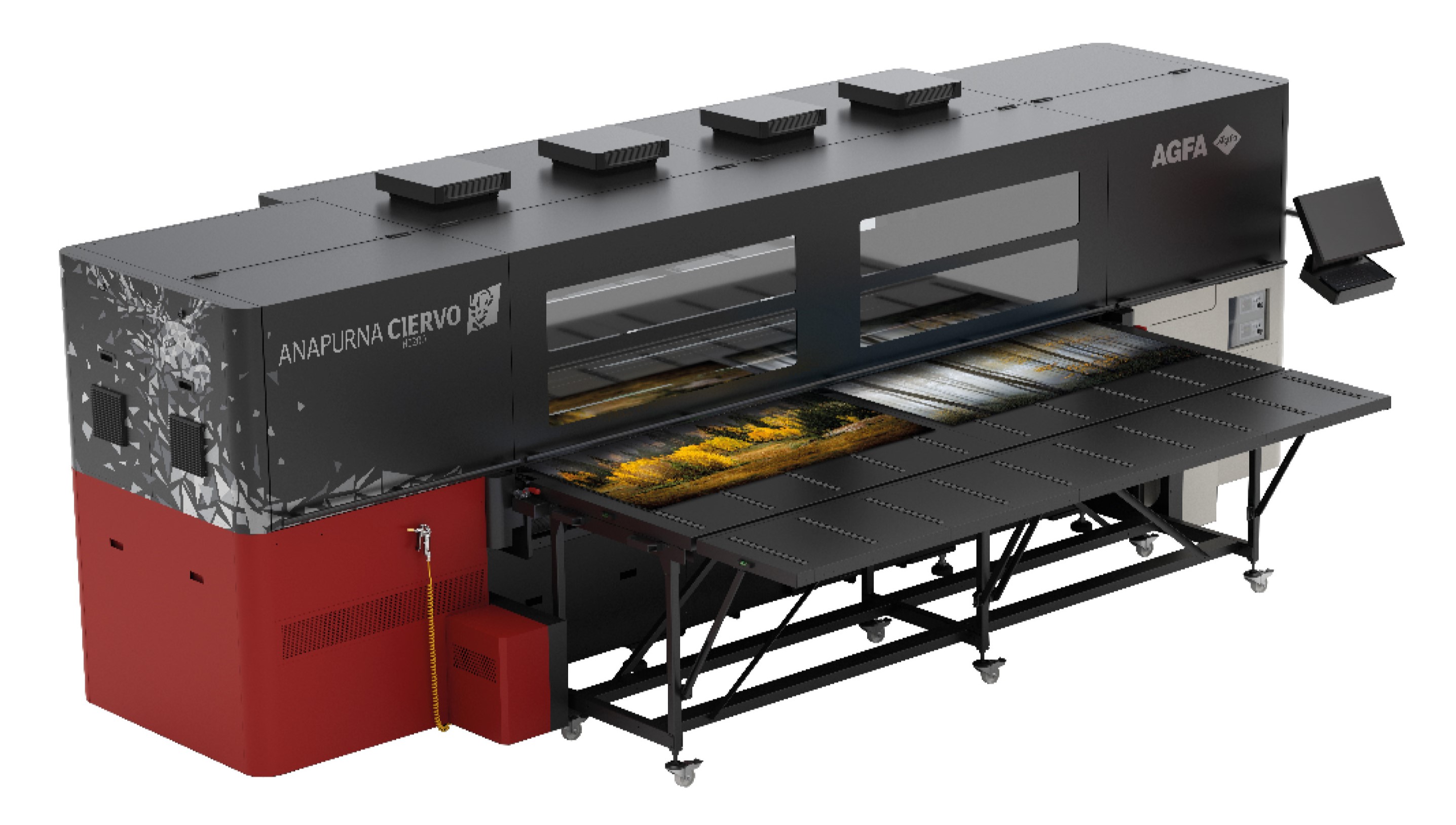 Der ORALITE® UV Traffic Sign Drucker der Marke Agfa ist für die Herstellung spezifischer Verkehrszeichen per Digitaldruck geeignet. Rechts neben der horizontalen Druckausgabe, die eine Druckbreite von bis zu 3,20 Metern ermöglicht, befindet sich ein Steuerungsdisplay.
